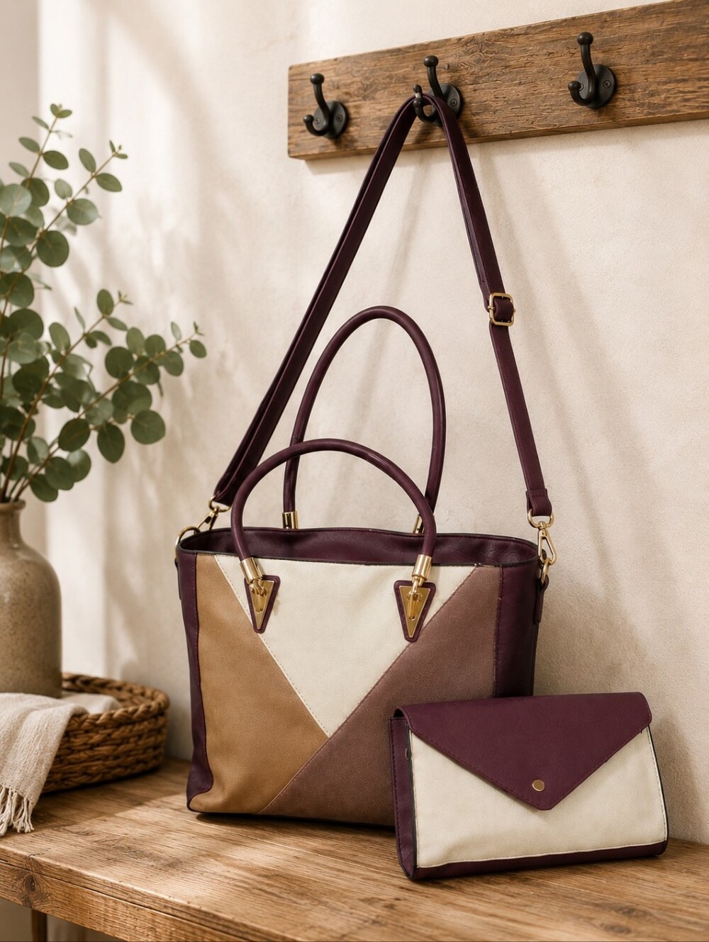 Elegant Burgundy and Tan Patchwork Handbag Set